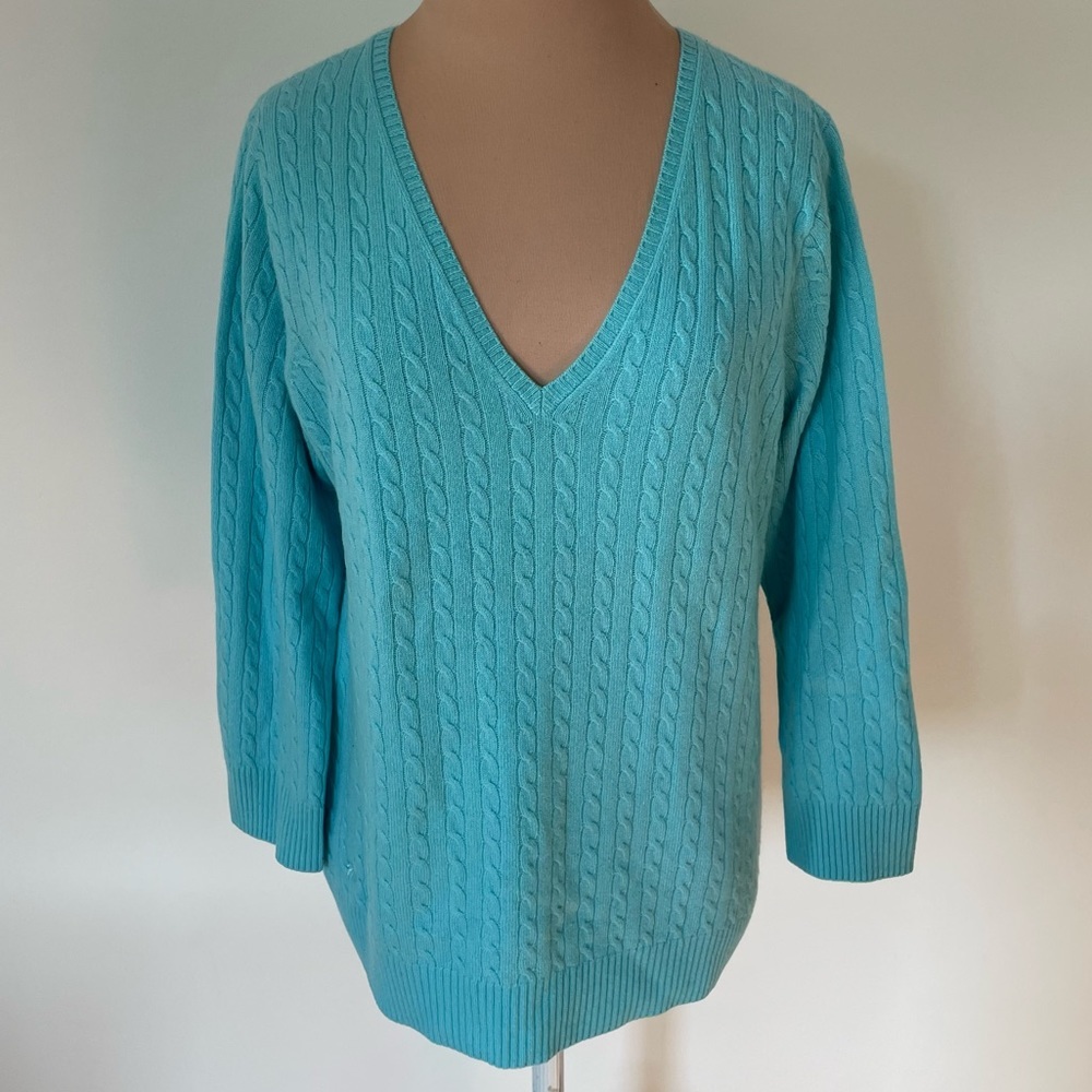 Lilly Pulitzer 100% Cashmere Cable Knit 3/4 Sleeve Blue V-Neck Sweater L…